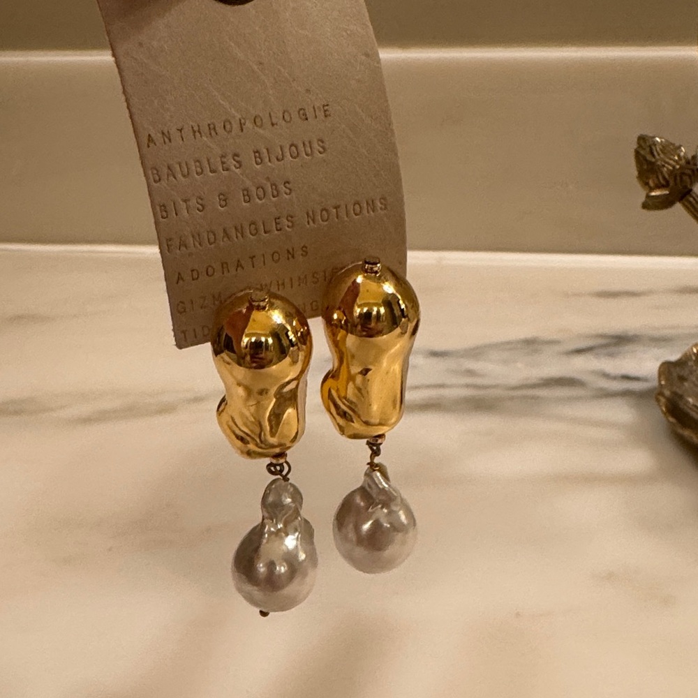 Anthropologie gold and baroque pearl statement earrings, NWT